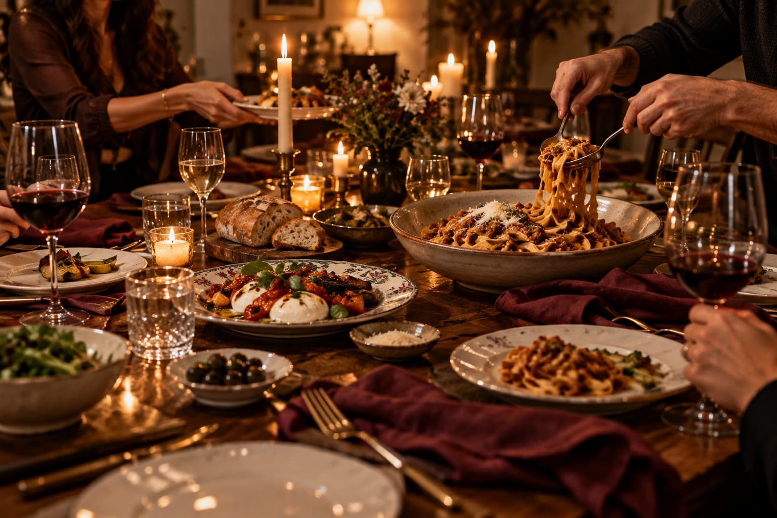 A candlelit dinner with fresh pasta shared around the table